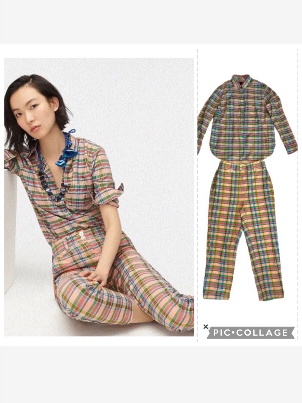 J. Crew Ribbon Plaid Madras Multi Pants Top Blouse Set 4